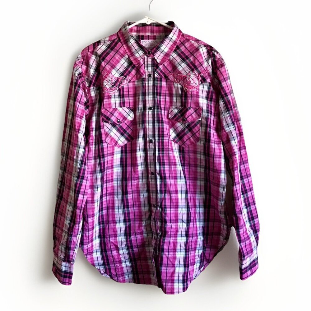 Cowgirl Hardware Pink Plaid Embroidered Western Shirt Top‎ Size XXL Pearl Snaps
